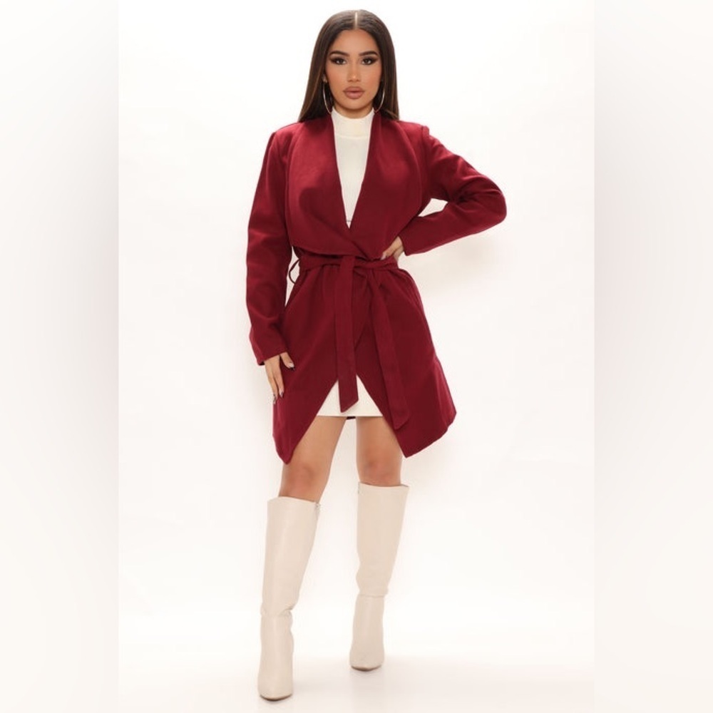 NWT Fashion Nova Burgundy Wrap Coat XS Tie Belt Open Front Jacket